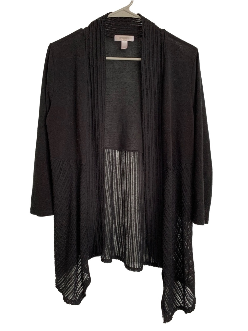 DRESSBARN Women’s Black Lightweight 3/4 Sleeve Semi Sheer Open Front Cardigan
